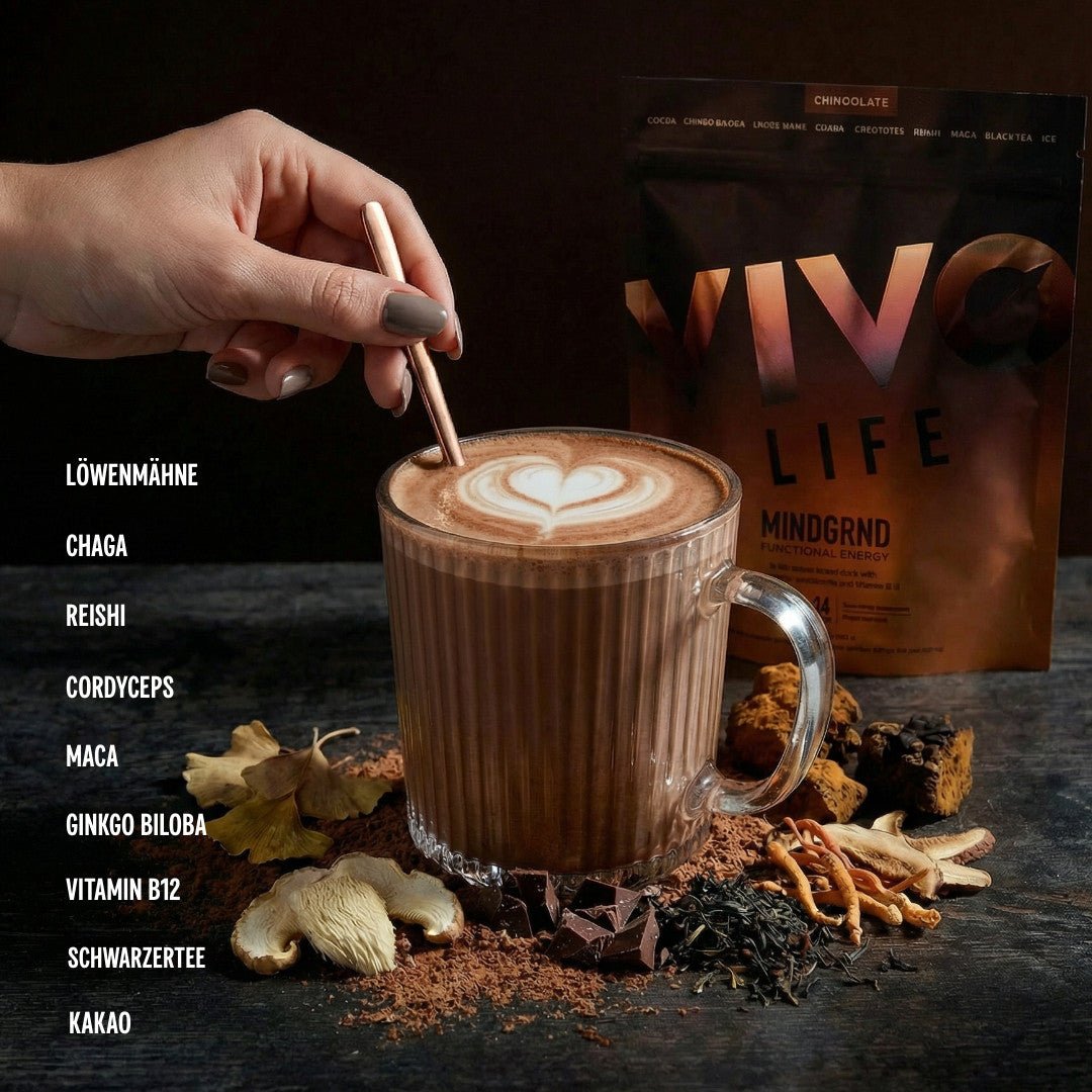 MINDGRND mit Löwenmähne, Chaga, Reishi, Cordyceps, Maca, Ginkgo biloba, Vitamin B12, Schwarztee und Kakao