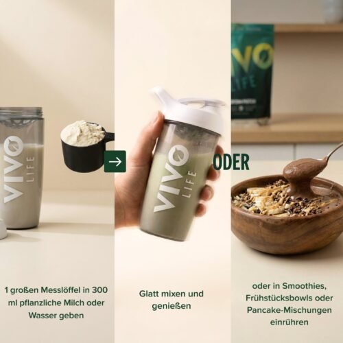 Zubereitung: 1 großen Messlöffel in 300 ml pflanzliche Milch oder Wasser geben, glatt mixen und genießen